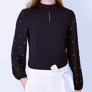 Ann Taylor NWT Long Sleeve Top, Black with pearl sleeves Size XS